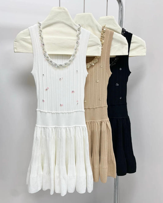 Elegant Sequined Round-Neck Knit Vest Dress