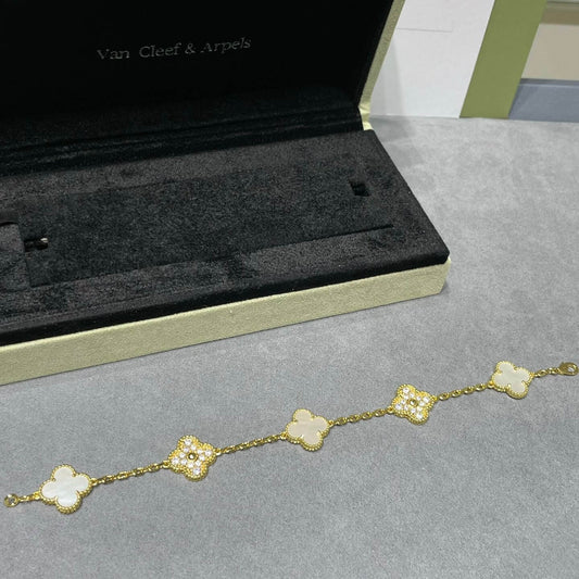 White Mother-of-Pearl Spaced Diamond Clover Bracelet