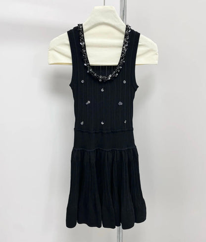 Elegant Sequined Round-Neck Knit Vest Dress