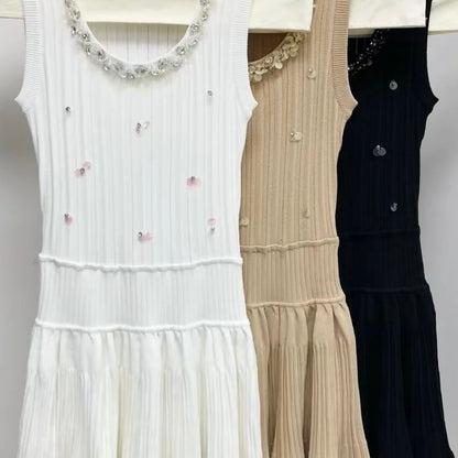 Elegant Sequined Round-Neck Knit Vest Dress