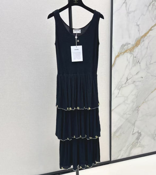 Elegant Tiered Lace Trim Beaded Dress