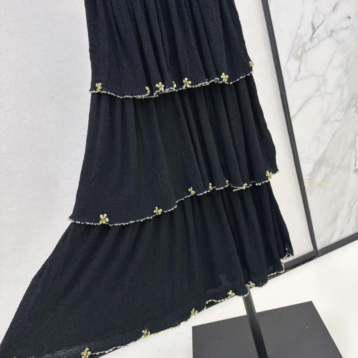 Elegant Tiered Lace Trim Beaded Dress