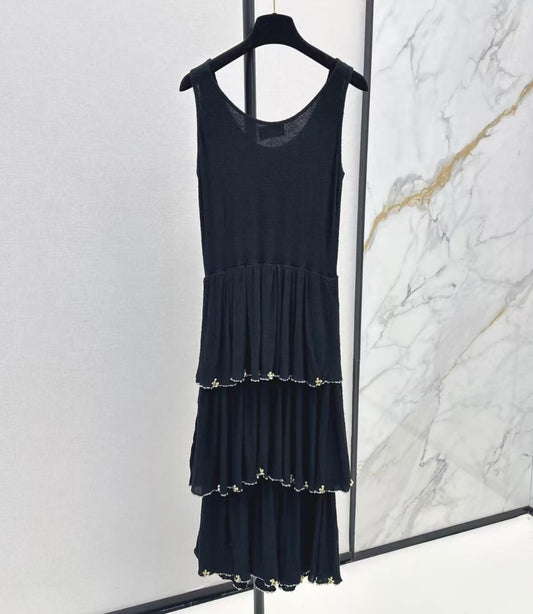 Elegant Tiered Lace Trim Beaded Dress