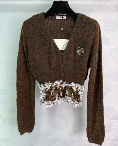 Delicate V-Neck Cardigan with Lace Hem