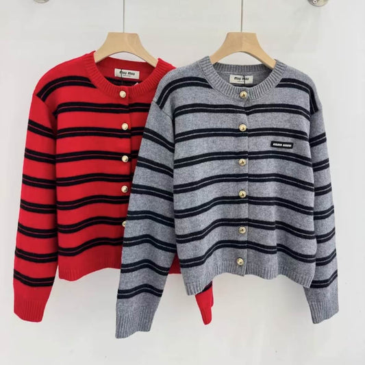 Chic Minimalist Striped Knit Cardigan