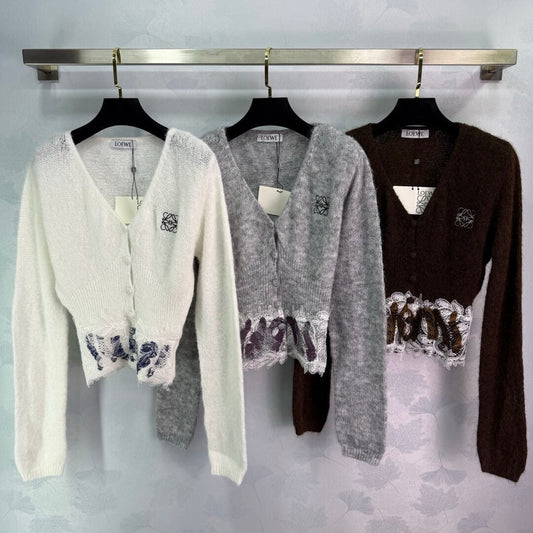 Delicate V-Neck Cardigan with Lace Hem