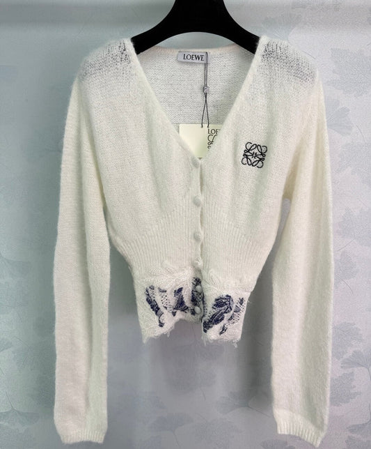 Delicate V-Neck Cardigan with Lace Hem