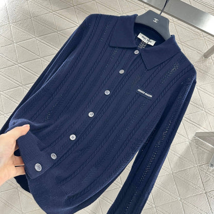 Minimalist Lapel-Design Openwork Knit Cardigan