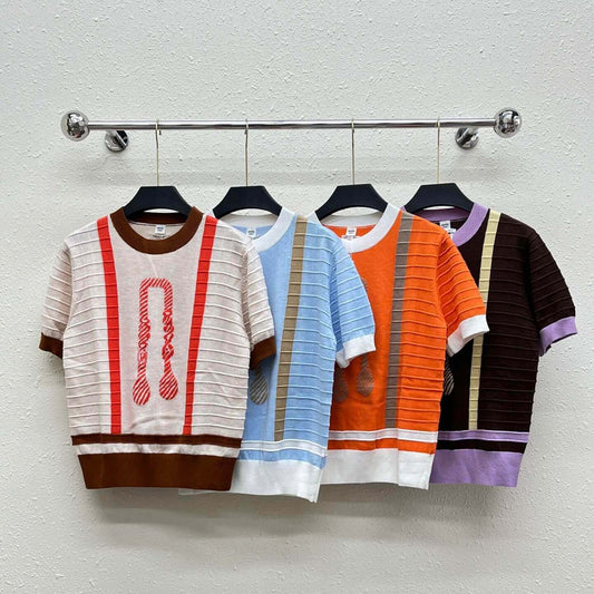Classic Rope Pattern Embroidered Knit Short Sleeve