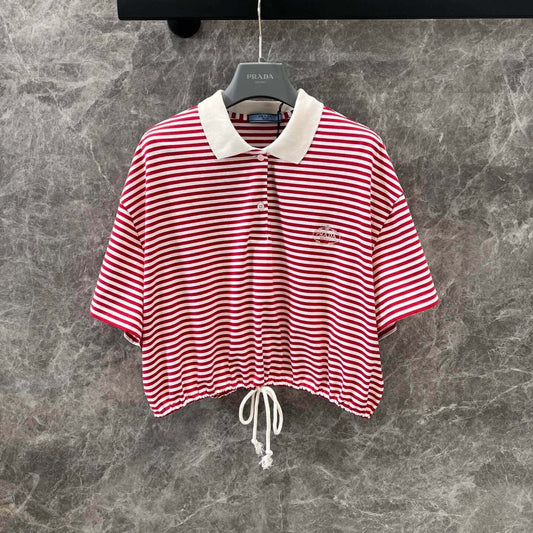 Red & White Color-Block Striped Embroidered T-Shirt