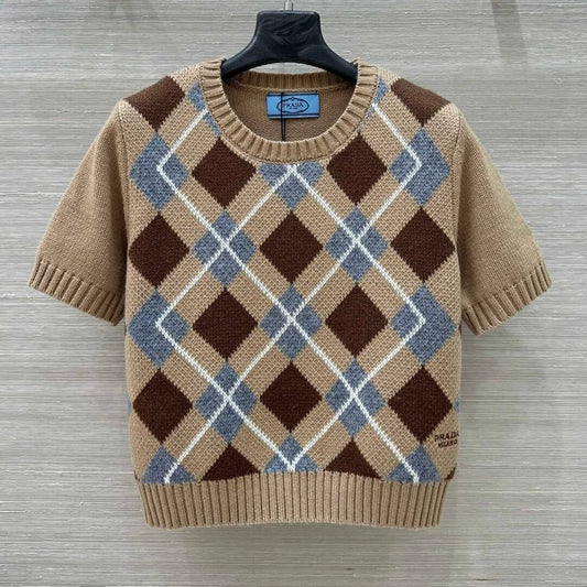 Classic Diamond Quilt Color-block Knit Short Sleeve