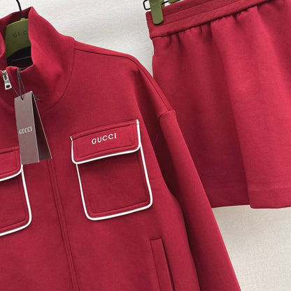 Angora Red Stand-Collar Hoodie & Skirt Set