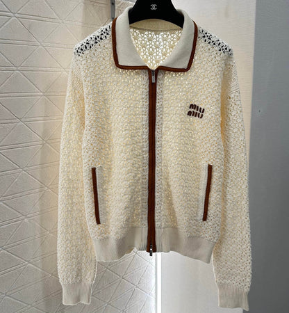 Minimalist Lapel Openwork Zip-Up Knit Jacket
