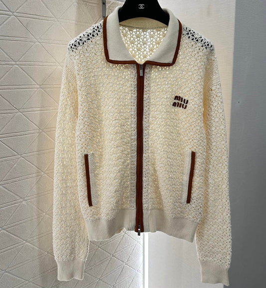 Minimalist Lapel Openwork Zip-Up Knit Jacket