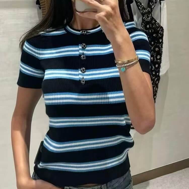 Deluxe Gem-Button Striped Short Sleeve