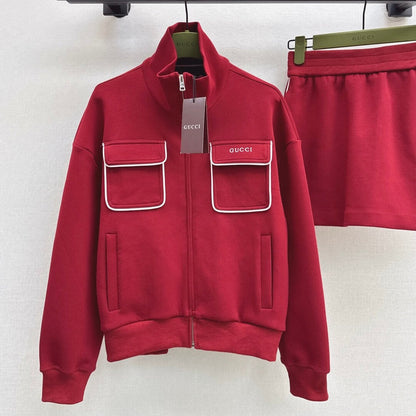 Angora Red Stand-Collar Hoodie & Skirt Set