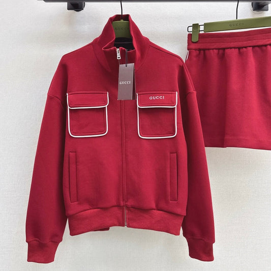 Angora Red Stand-Collar Hoodie & Skirt Set