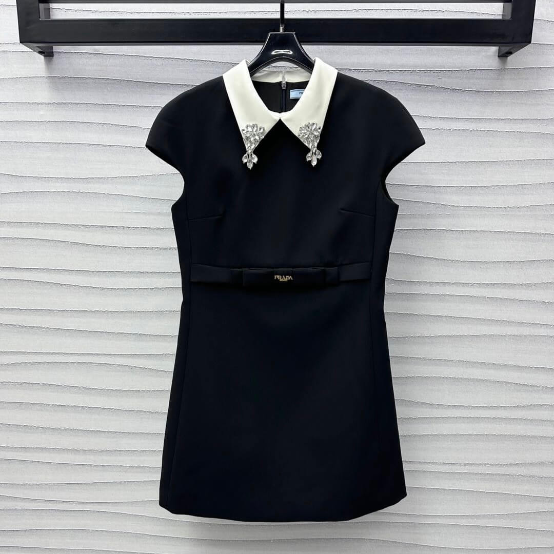 Elegant Collar Diamond-Embellished Bow Dress