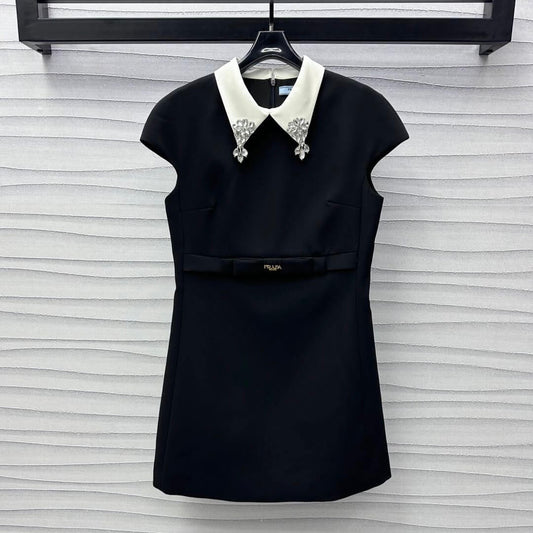 Elegant Collar Diamond-Embellished Bow Dress