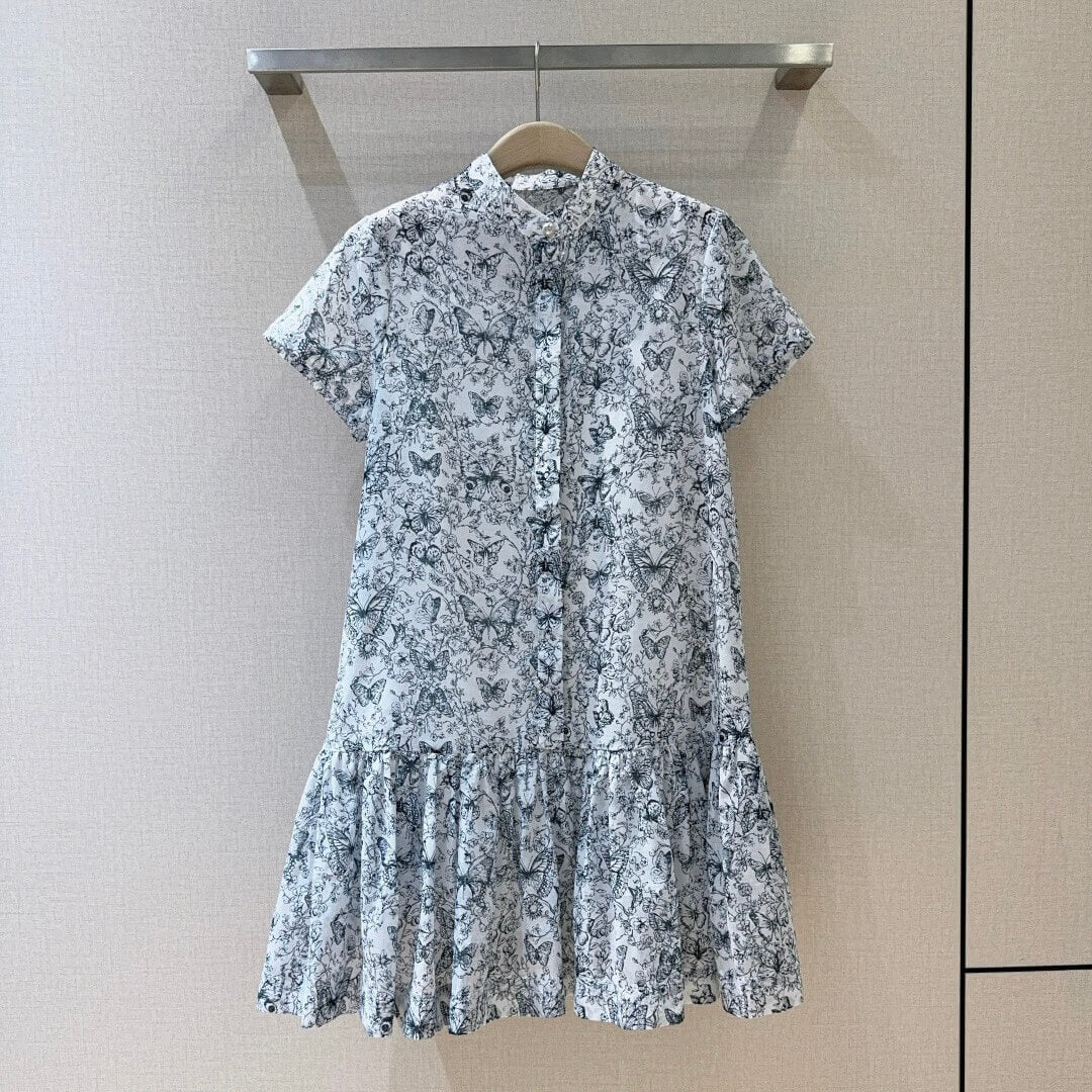 Pearl Button Butterfly Print Dress