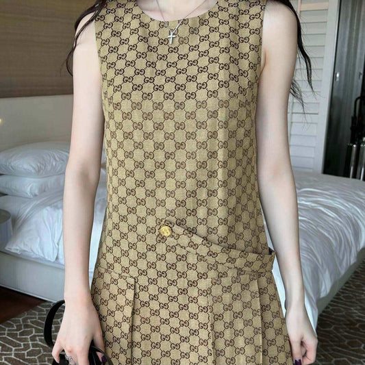 Sleeveless Pleated Jacquard Vest Dress