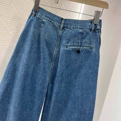 Leather Label Pleated Denim Pants