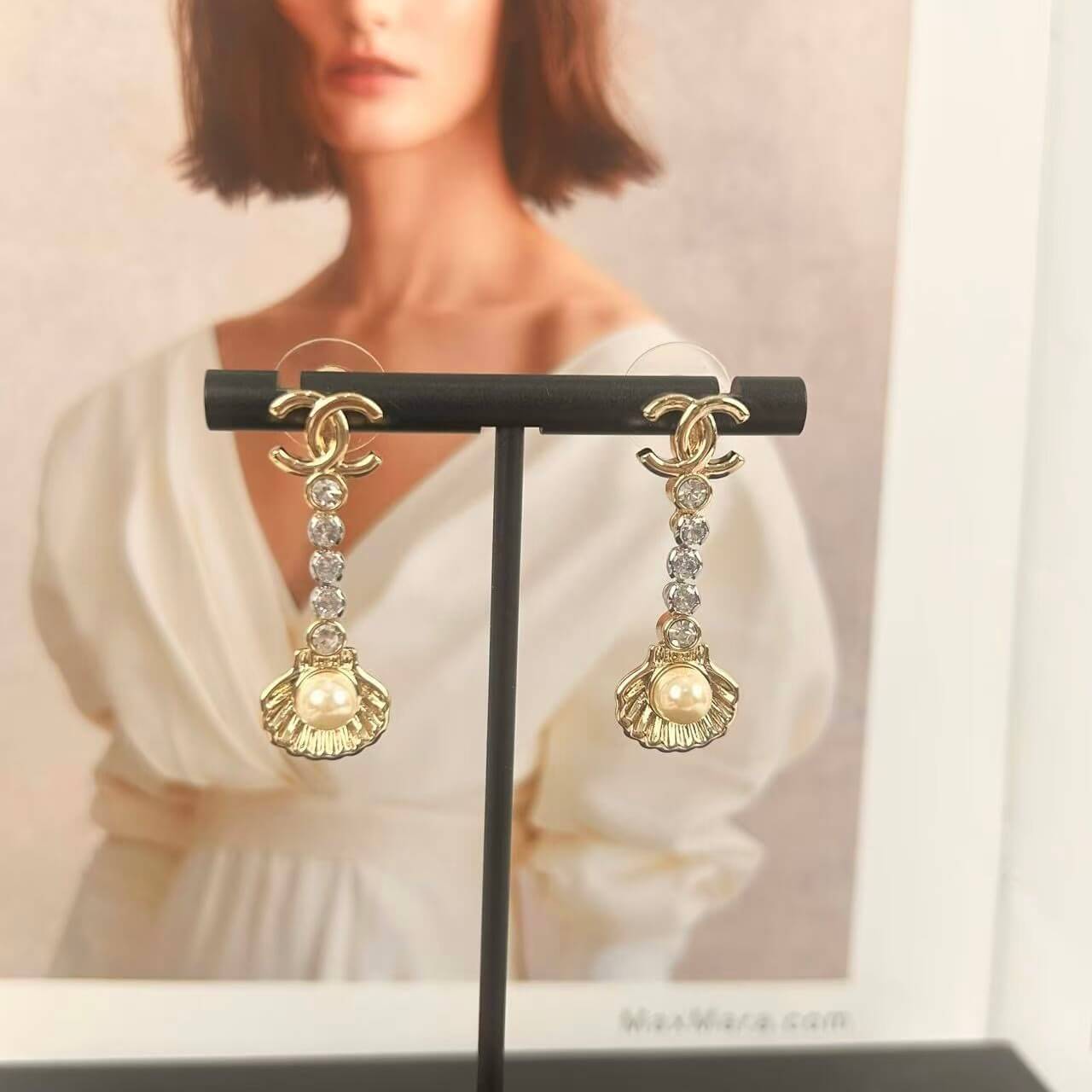 Long Shell Pearl Diamond Drop Earrings