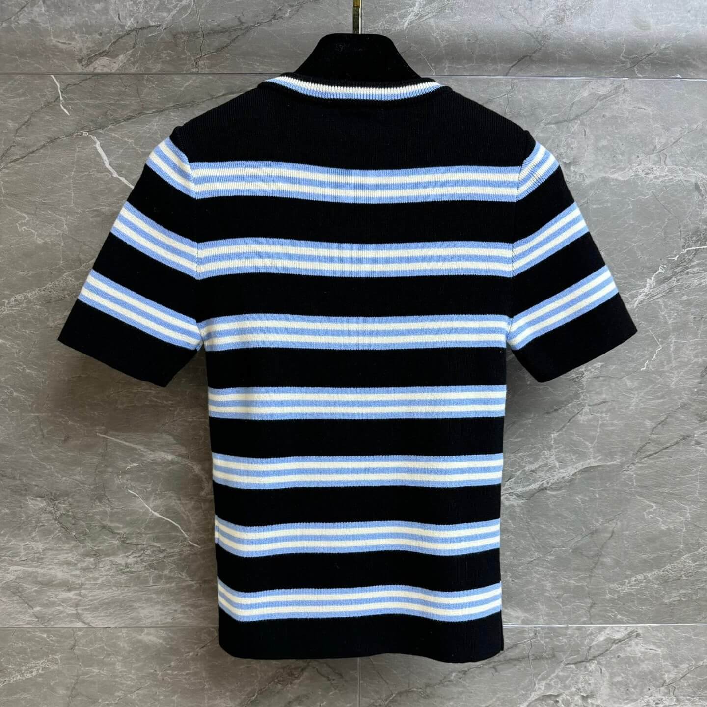 Deluxe Gem-Button Striped Short Sleeve