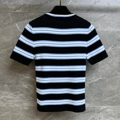 Deluxe Gem-Button Striped Short Sleeve
