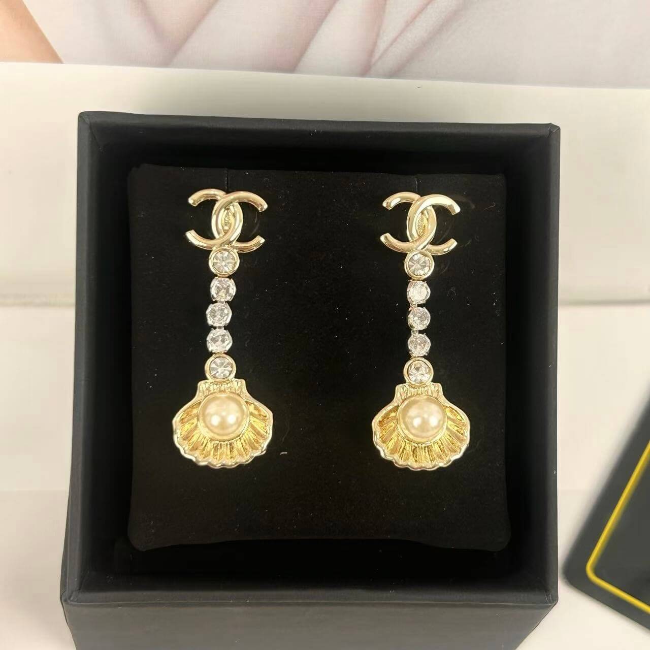 Long Shell Pearl Diamond Drop Earrings
