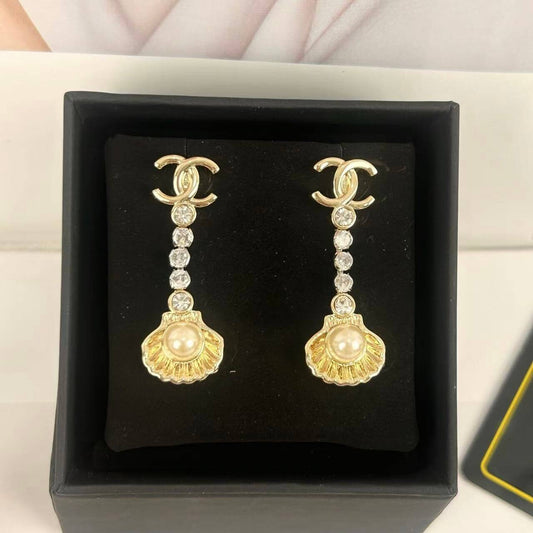 Long Shell Pearl Diamond Drop Earrings