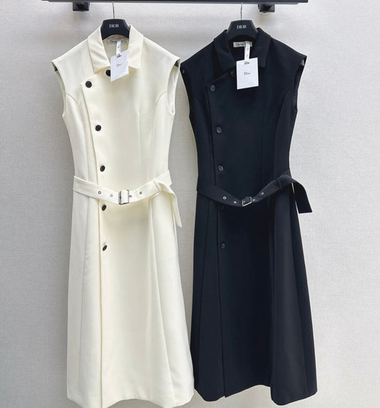 Angled-Button Wrap Dress with Belted Waist