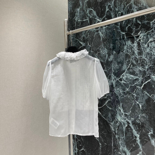 Elegant Pleated Lace Sheer Blouse