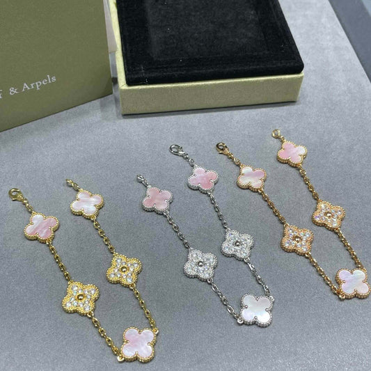 Pink Mother-of-Pearl Spaced Diamond Clover Bracelet