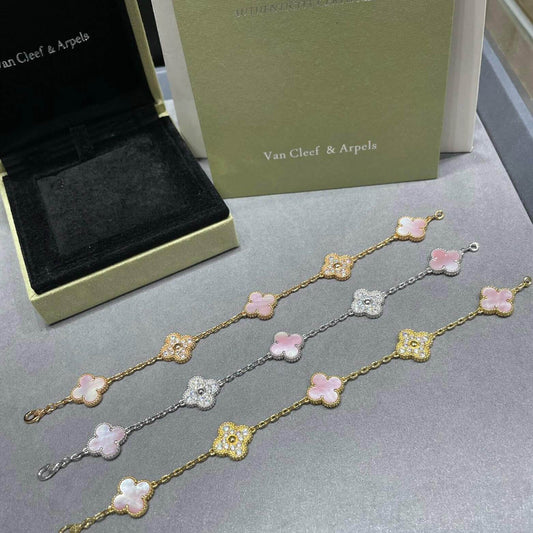 Pink Mother-of-Pearl Spaced Diamond Clover Bracelet