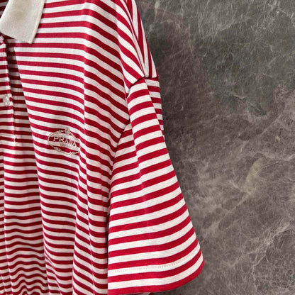 Red & White Color-Block Striped Embroidered T-Shirt