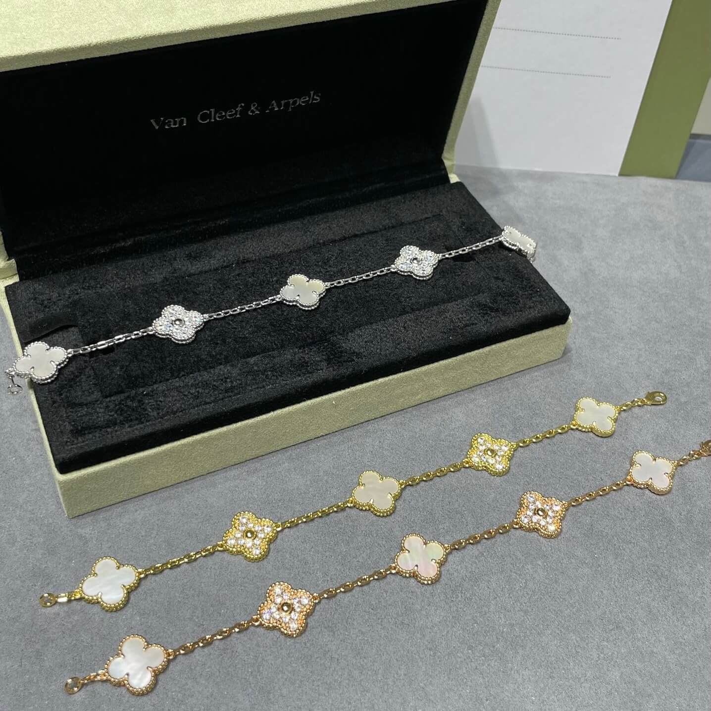 White Mother-of-Pearl Spaced Diamond Clover Bracelet