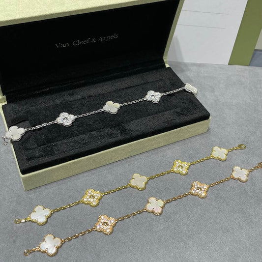 White Mother-of-Pearl Spaced Diamond Clover Bracelet