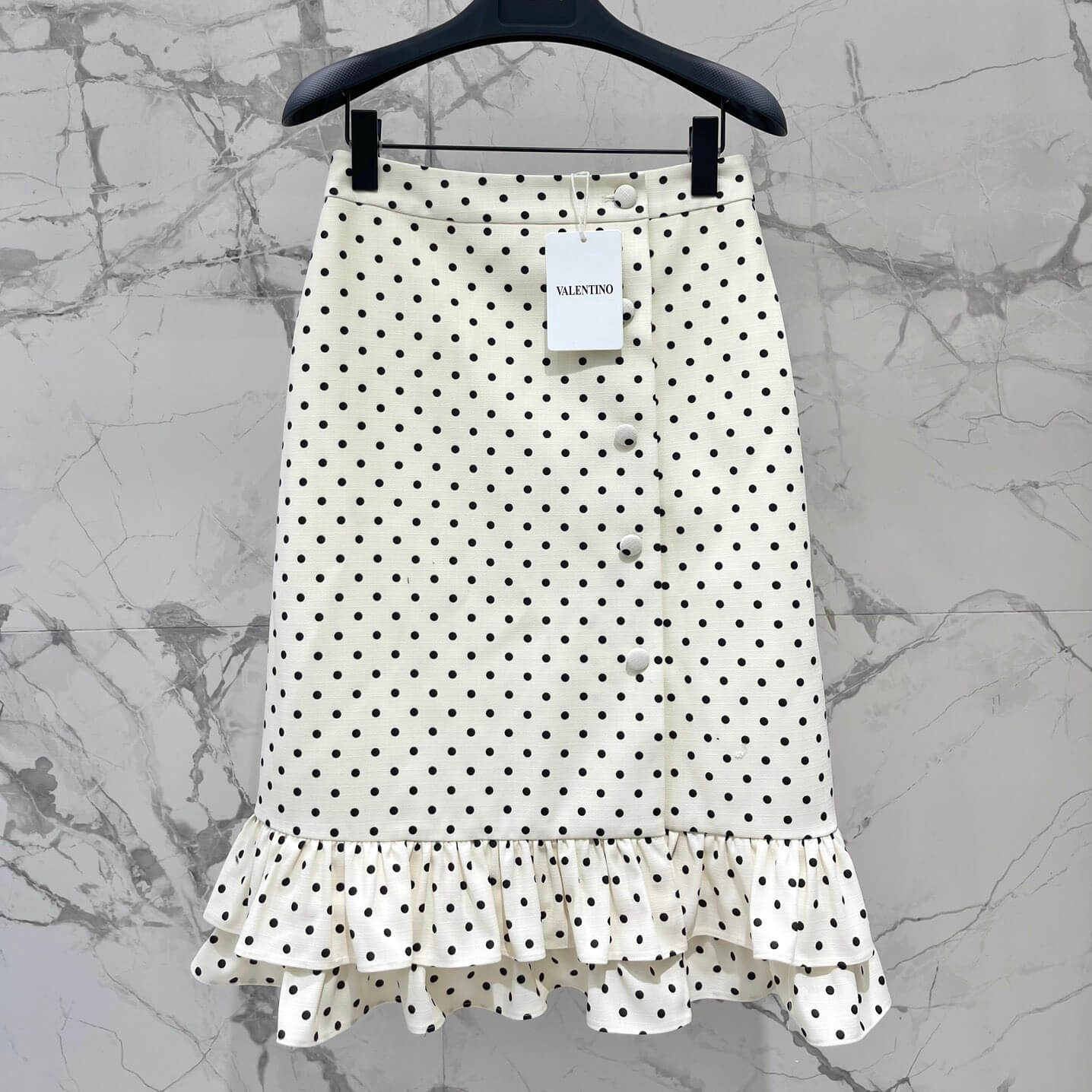 Vintage Button Polka Dot Ruffle Midi Skirt