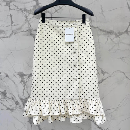 Vintage Button Polka Dot Ruffle Midi Skirt