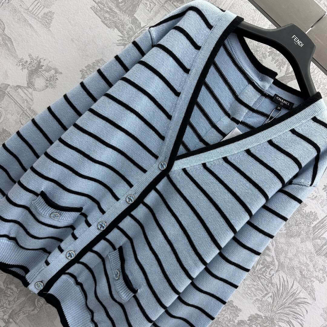 Color-Block Striped V-Neck Knit Cardigan