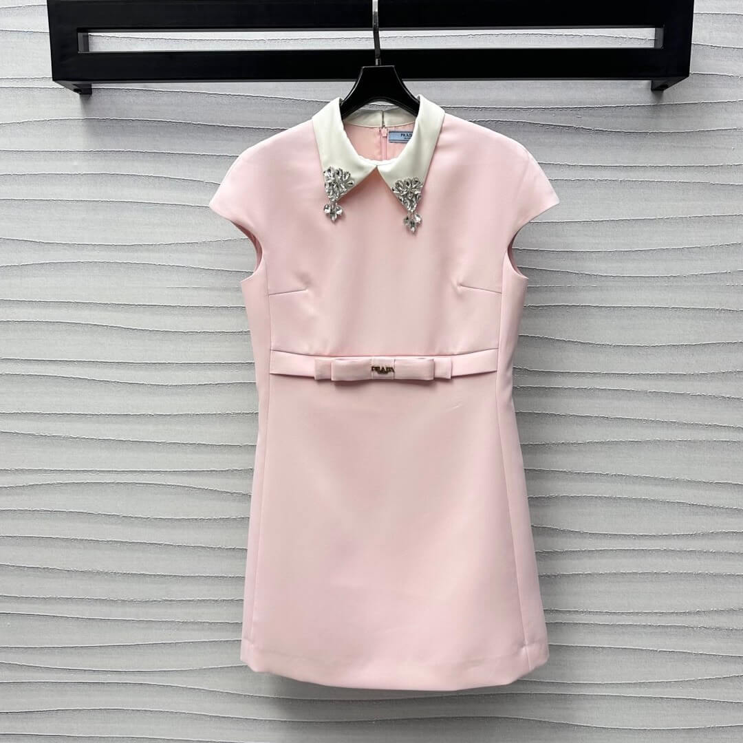 Elegant Collar Diamond-Embellished Bow Dress