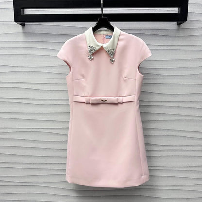 Elegant Collar Diamond-Embellished Bow Dress