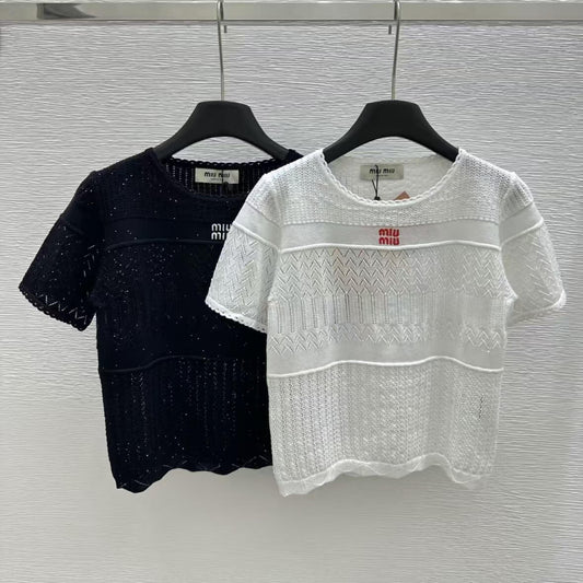 Fashionable Slightly Sheer Knitted Short Sleeve