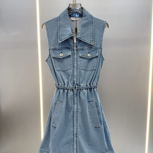 Waist-Cinching Letter Embroidered Denim Dress