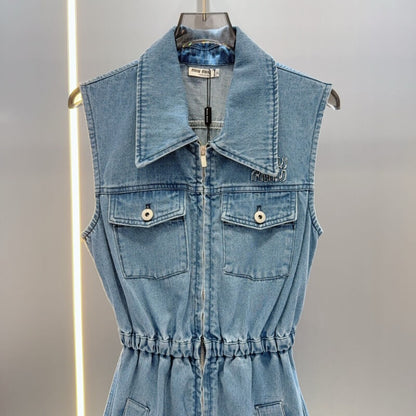 Waist-Cinching Letter Embroidered Denim Dress