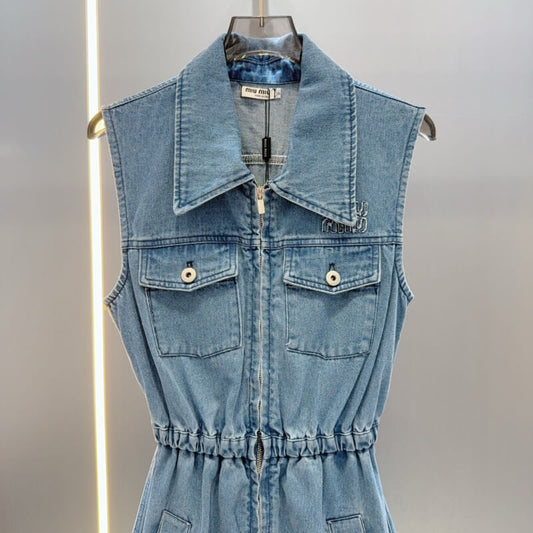 Waist-Cinching Letter Embroidered Denim Dress