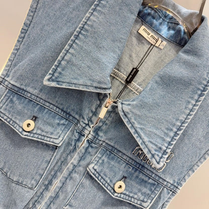 Waist-Cinching Letter Embroidered Denim Dress