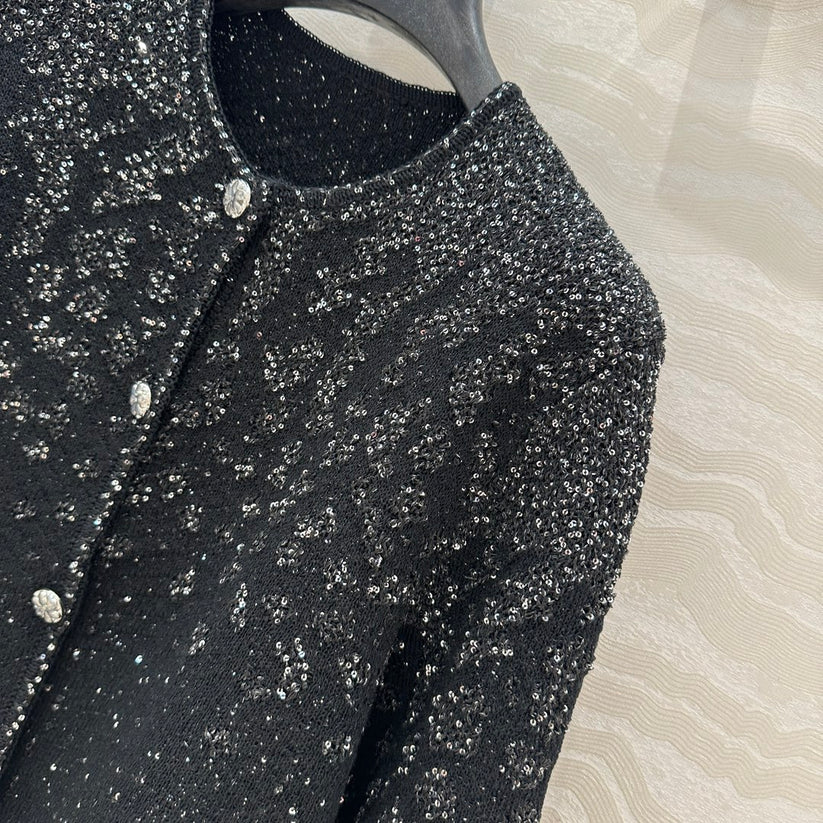 Shimmering Cropped Wide-Sleeve Tweed Jacket