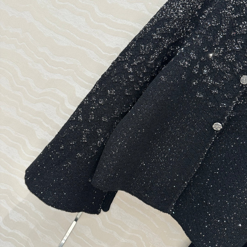 Shimmering Cropped Wide-Sleeve Tweed Jacket